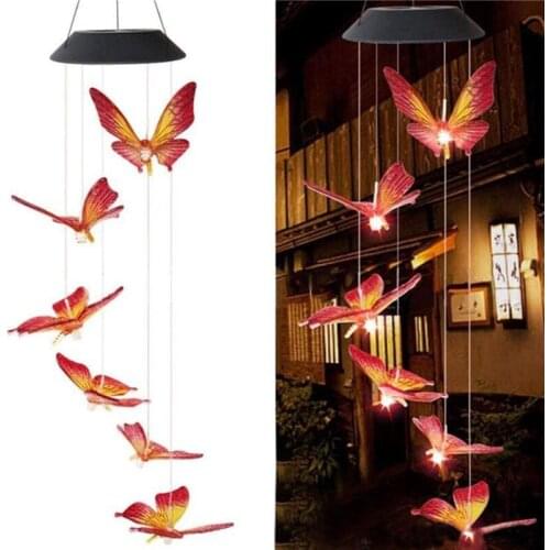 Solar Powered Maple Leaf Red Butterfly Wind Chimes Garden Color Changing LED Lights Colorful Wind Chimes for Outside W4525