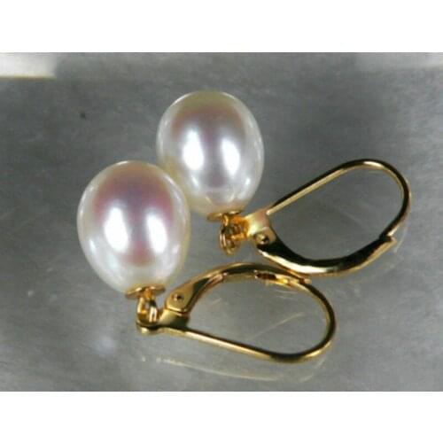 Fine 8*10mm AAA++ grade white drop Akoya Pearl Dangle Earring Leverback 14K Gold