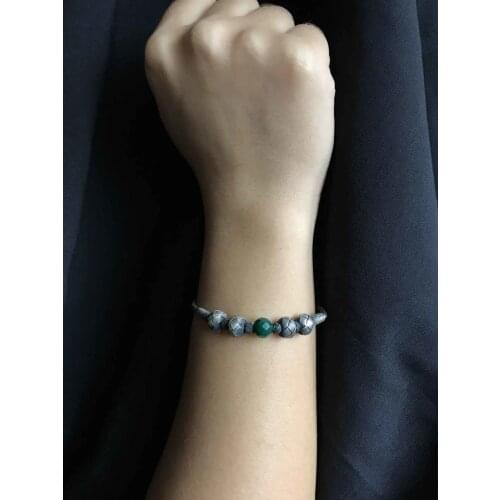 Green Emerald Cubic Zirconia Big Mat handmade Knitted Kazaziye Silver Women Bracelet