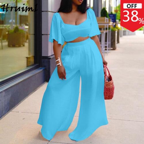 Womens Summer Pants Suit Solid Color Flare Sleeve Blouse Wide Leg Pants Plus Size Suit Women Fashion Elegant Casual Two Piece