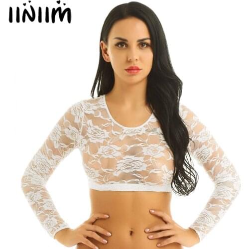 Iiniim Womens Transparent Lace Bra Tops for Summer Cocktail Parties See Through Sheer Scoop Neck Crop Tops Short Blouse T-shirt