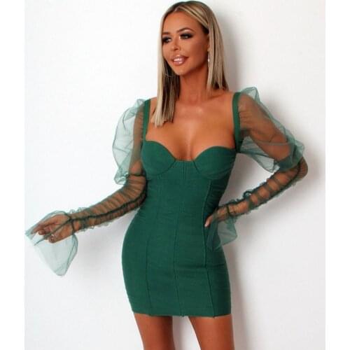 Shefan Women Dress Mesh Patckwork Push Up Bodycon Slim Dress Sexy Long Sleeves Ruched Bandage Party Solid Vestidos Ladies Dress