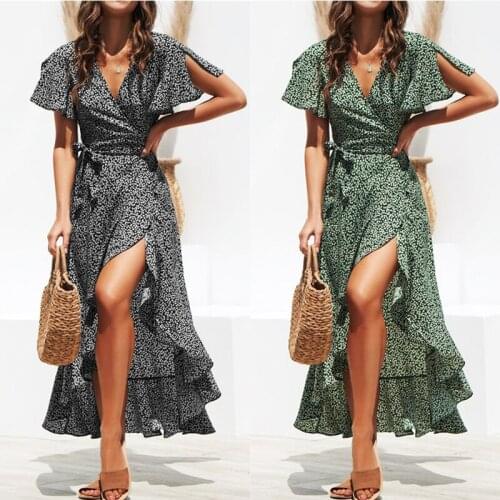 2021 New Summer Beach Dress Womens Printed Bohemian Long Chiffon Dress Ruffle Casual V-neck Split Sexy Party Dress Robe