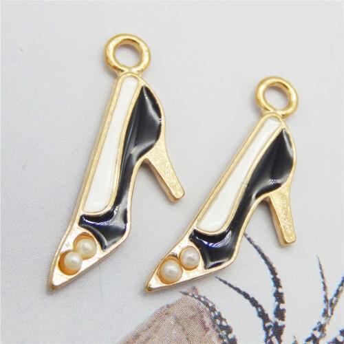 Julie Wang 5PCS High Heel Charms Enamel Balck White Alloy Gold Tone Necklace Bracelet Findings Jewelry Making Accessory