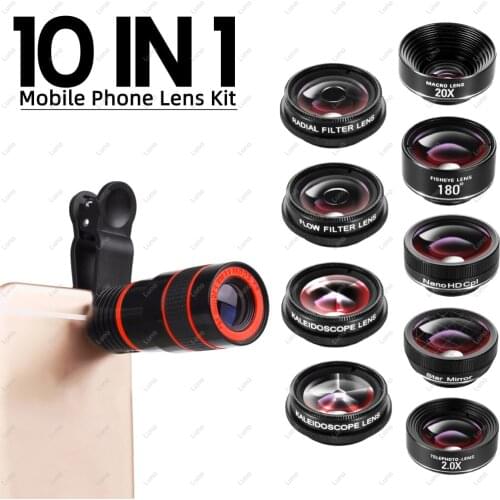 10 In 1 Universal Cell Mobile Phone Camera Lens for IPhone 11 Wide Angle Macro Smartphone Fisheye Len Zoom Telescope Fish Eye