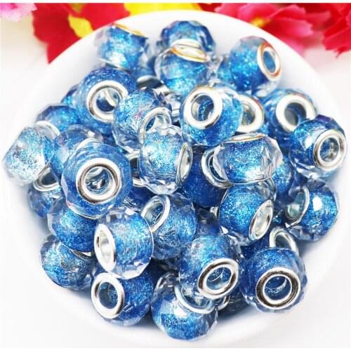 20Pcs Blue Color Cut Glass Glitter Powder Big Hole Spacer Beads Silver Plated Fit Pandora Bracelet Pendant Charms DIY Jewelry
