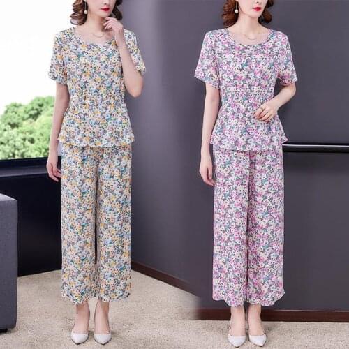 2021 New Women 2 Piece Set Loose Print Short-sleeved T-shirt Tops + Wide Leg Pants Middle-aged Mother Summer Suit Plus Size L410