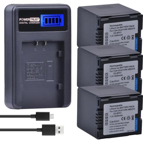 3PCS 3000mAh CGA-DU21 VW-VBD210 Battery+LCD USB charger for Panasonic NV-GS330 GS400 GS408 GS500 GS508 MX500 PV-GS90 GS120 GS150
