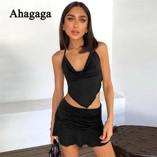 Ahagaga 2021 Halter Sexy Two Pieces Crop Top and Mini Skirts Rave Festival Matching Set Fashion Outfits Sleeveless Womens Sets