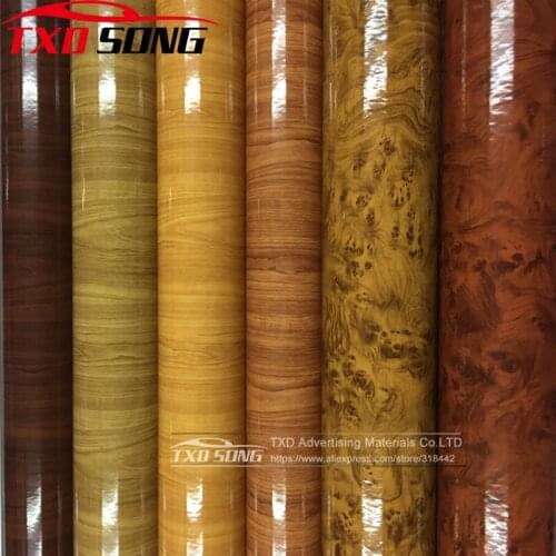 Car-Styling 7 Szies Glossy Wood Textured Grain Vinyl Wrap Decals Adhesive Glossy Wood Grain PVC Vinyl Film Car Interior Stickers
