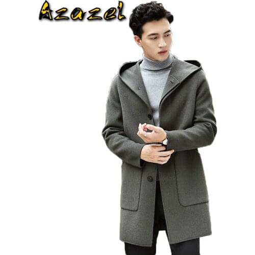 Azazel Spring Wool Coat Hooded Double-sided Woolen Long Jacket Men Peacoat Overcoat Windbreaker Abrigo Hombre T-24-069 KJ1388