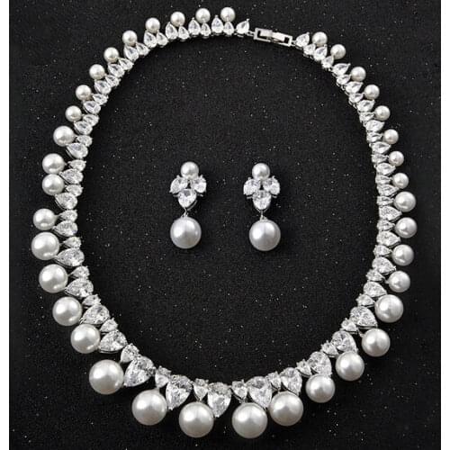 SINZRY Hotsale bridal jewelry set cubic zircon simulated pearl heart cz wedding choker necklace earring jewelry set for women