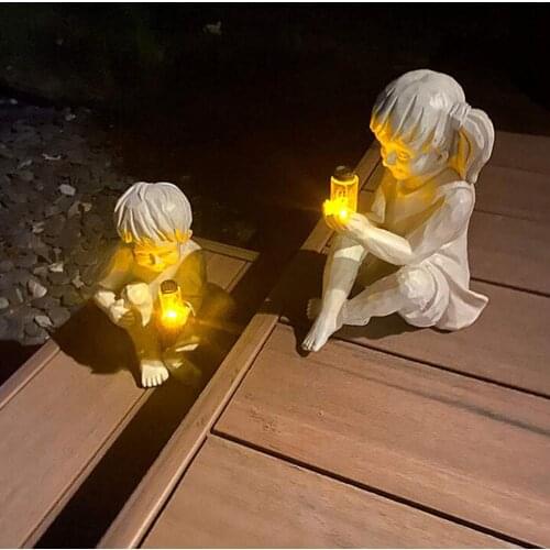 Creative Garden Children Solar Lighted Firefly Jar Boy Girl Statue Yard Outdoor Sculpture Decor - Decorative Statue for Gardens