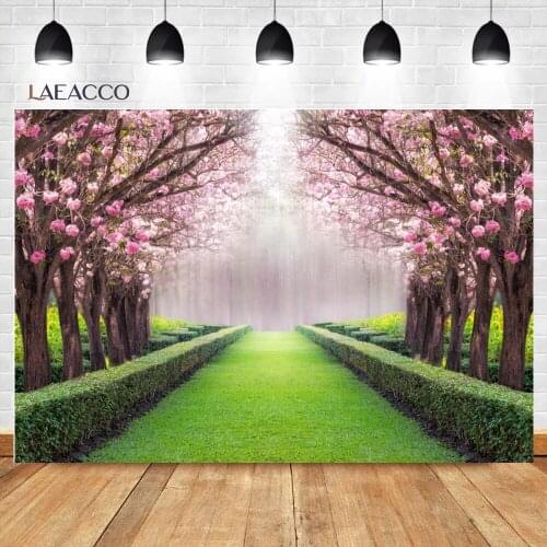 Laeacco Spring Blossom Green Lawn Tree Flower Park Scenic For Wedding Backgrounds Child Customized Portrait Photography Backdrop