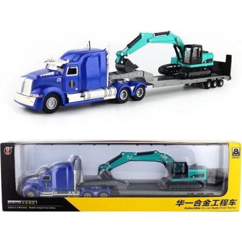 1:50 Scale/Diecast Metal Model/Platform Truck With Excavator Car/Engineering Toy/Educational Collection For Children/Gift