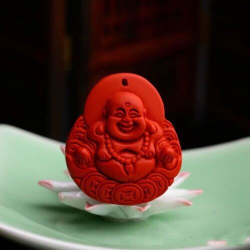 Natural Chinese Cinnabar Hand-carved Jade Maitreya Buddha Pendant Big Belly Buddha Smile Buddha Fashion Women Jewelry Necklace