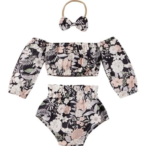 OPPERIAYA 3Pcs Baby Girls Outfit Children Summer Sweet Style Off Shoulder Floral Printing Crop Tops Shorts Bow Headwear Set