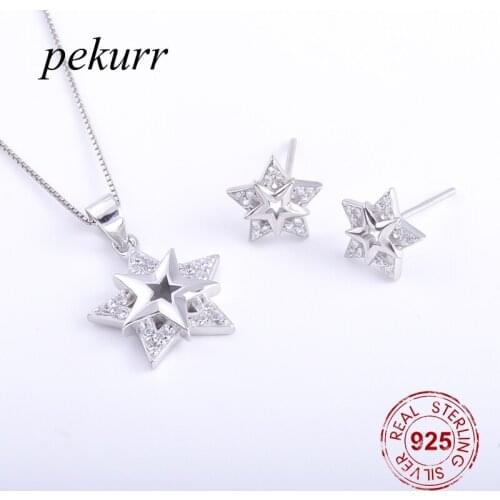 Pekurr 925 Sterling Silver Double Layers Hollow Star Earrings Necklace Sets For Women Zircon Star Pendants Jewelry Sets