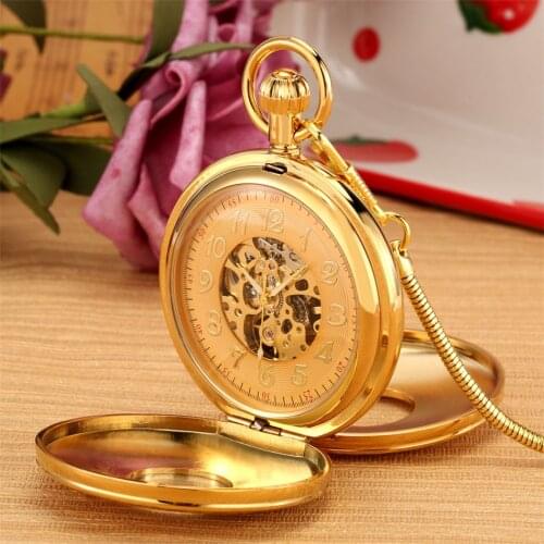Luxury Pure Copper Automatic Mechanical Pocket Watch Full Gold Self-Winding Pendant Antique Clock Double Open Hunter Retro Watch