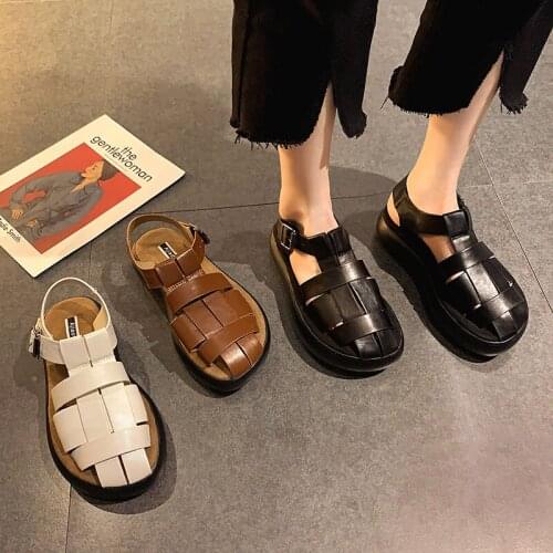 Round Toe Sandals Womens Shoes Summer 2021 New Woven Thick-soled Anti-skid Fashion Retro Big Head Roman Shoes