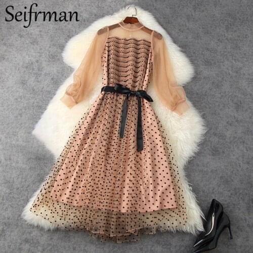 Seifrmann 2021 New Women Fashion Runway Party Long Dress Bow Sashes Lantern Sleeve Dot Draped Slim Fit Ladies A-Line Dresses