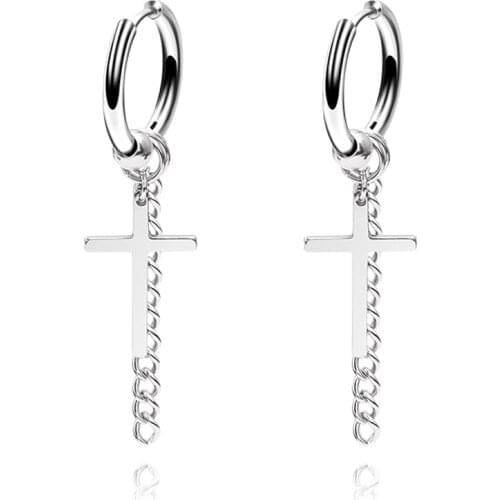 Earring Dangle Pendent Long Iron Chain with Cool Cross Stainess-Steel Statement Fashion Jewelry