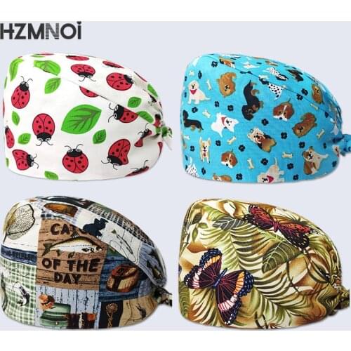 Fine Cotton Cartoon Print Nurse Cap Surgical Cap Pet Hospital Surgeon Cap Dentist Cap Beauty Salon Chef Dust-proof Scrub Cap