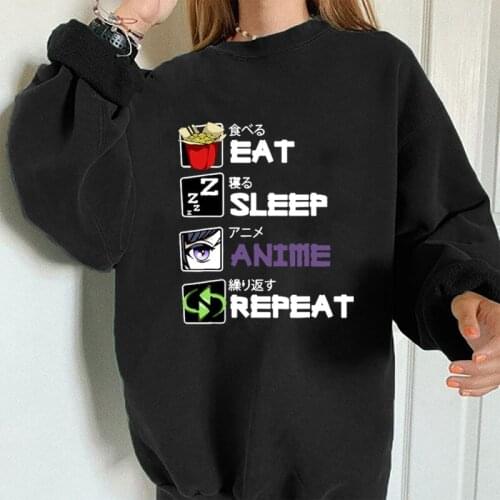 Seeyoushy Eat Sleep Anime Repeat Letting Printing Sweatshirts Women Long Sleeve Anime Lover Gift Drop-Shoulders Pullovers Tops
