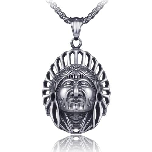 Vintage hip hop Indian chief avatar pendant necklace men cadena hombre Box chain punk gothic stainless steel jewelry naszyjnik