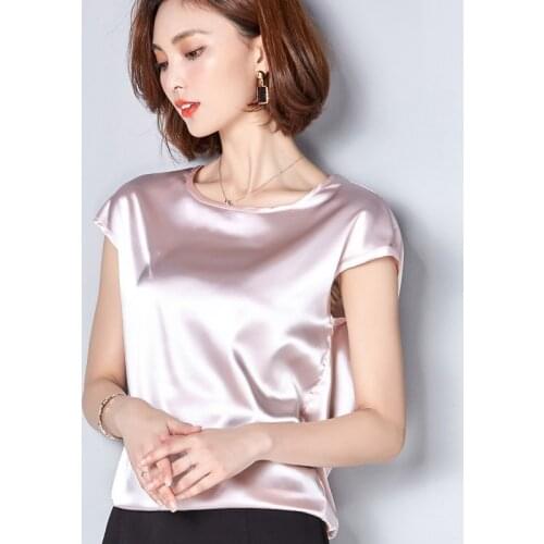 Women Tops and Bloues Summer Casual Plus Size Basic Satin Shirts O-Neck Elegant Short Sleeve OL Silk Blouse Feminina Tops