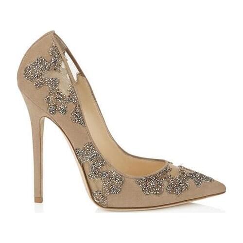 Chic lace hollow out high heel women pumps pointed toe crystal flower stiletto heels wedding party dress shoes woman plus size 1