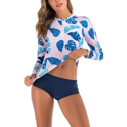 4 Colors Women Floral Swimsuit Set Ladies Printing O-Neck Long-Sleeves Close-Fitting Zipper Top+Black Middle-Waist Briefs Suits