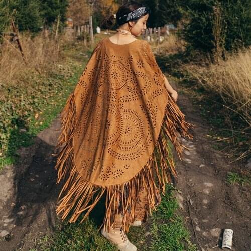 AYUALIN Camel Suede Floral Hollow Out Fringe Tassel Shawl Women Vintage Capes Ponchos Autumn Bohemian cardigan Cloak Boho 2021