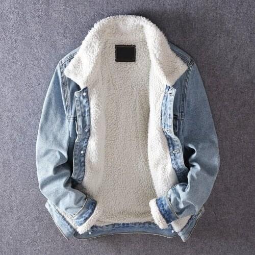 Winter Mens Fleece Denim Jacket Thicken Warm Outerwear Vintage Light Blue Slim Fit Single Breasted Casual Coat Men Biker Jackets