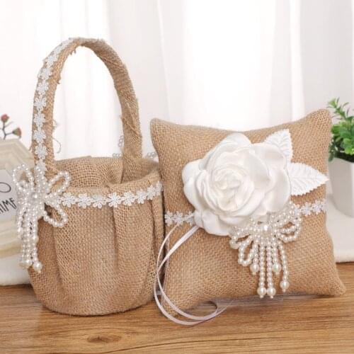 1Pc Bride Flower Girl Flower Basket Bowknot Pearl Flower Basket Ring Pillow Western-style Wedding Supplies