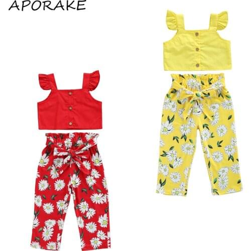 2021 0-5Y Cute Kids Baby Girl Clothes Set Summer New Button Fly Sleeve Top Vest+Bow Floral Print Long Pants 2pcs Outfits