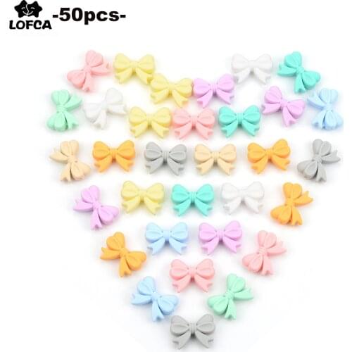LOFCA 50pcs Bowknot Silicone Beads DIY Food Grade Silicone Teething Pacifier Cute Shaped Silicone teether Holder Accessories