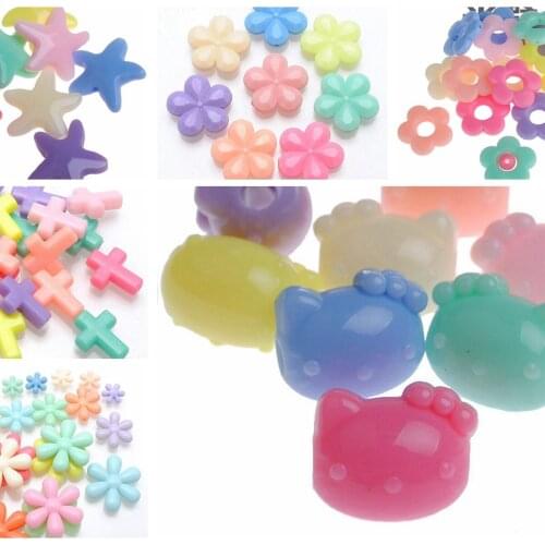 50 Mixed Pastel Color Acrylic Various Shape Beads Flower Cross Mouse Kids Craft