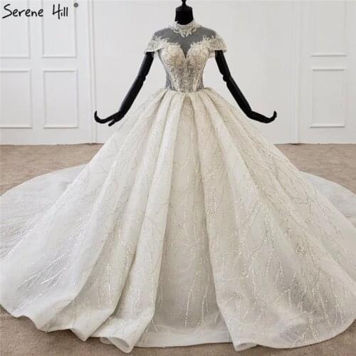 White Luxury Sparkle High-end Wedding Dresses 2020 High Collar Sequins Beading Sexy Bridal Gowns HX0057 Custom Made