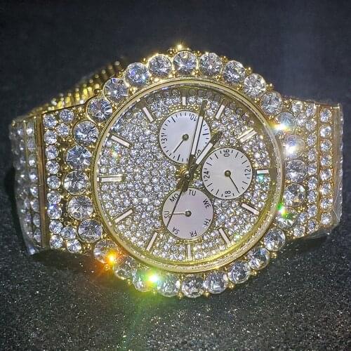 Hip Hop MISSFOX Fully Iced Out Watch Men Baguette Diamond Gold Steel Mens Watches Top Brand Luxury Waterproof Quartz Wristwatch