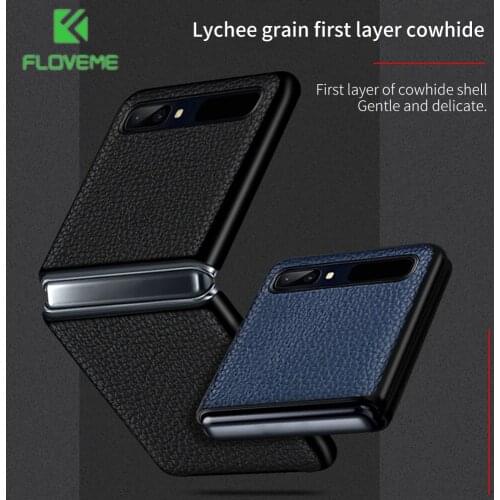 FLOVEME Original Genuine Leather for Samsung Galaxy Z Flip phone case wireless chaging at will Anti-fall phone protective case