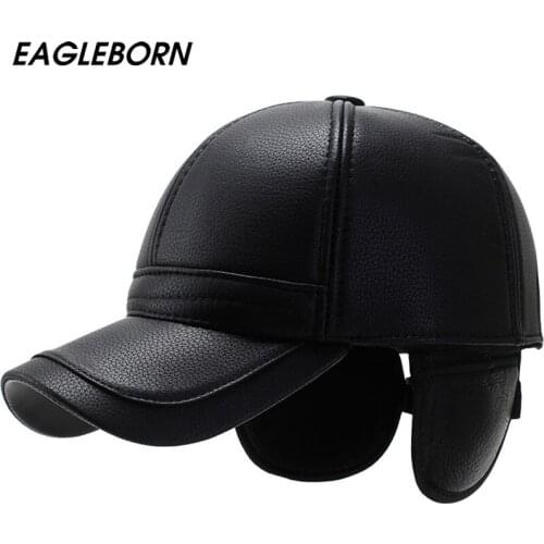 EAGLEBORN New Men Winter Russian Hat Faux Leather Classic Baseball Cap Ear Protection Warm Hats for Men Winter Caps PU Thick Hat