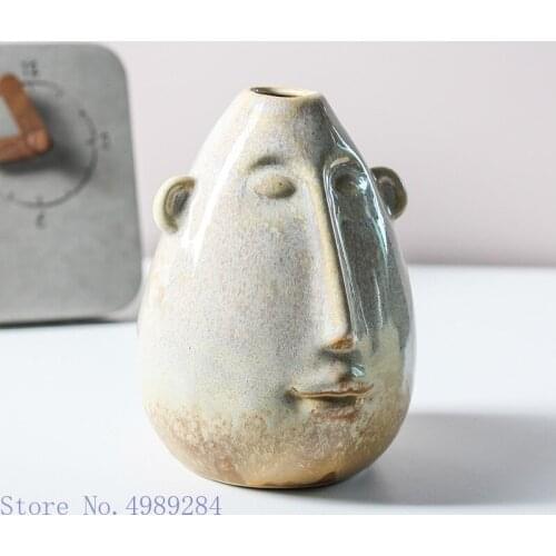 Ceramic Vase Abstract Face Human Head Flower Vase Retro Handmade Ceramic Handicraft Ornaments Flower Arrangement Accessories