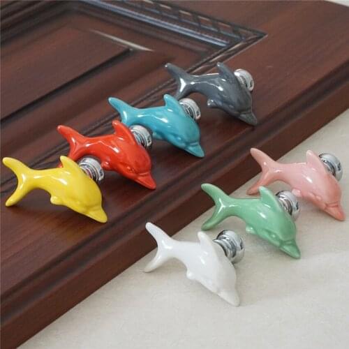 Colorful Dolphin Knobs Ceramic Drawer Knob Pulls Kids Dresser Handle Pull Kitchen Cabinet Door Knob Child Blue Green