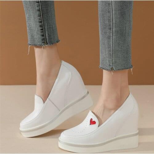 Fashion Sneakers Women Slip On Genuine Leather Wedges High Heel Ankle Boots Female Round Toe Platform Oxfords Shoes Casual Shoes