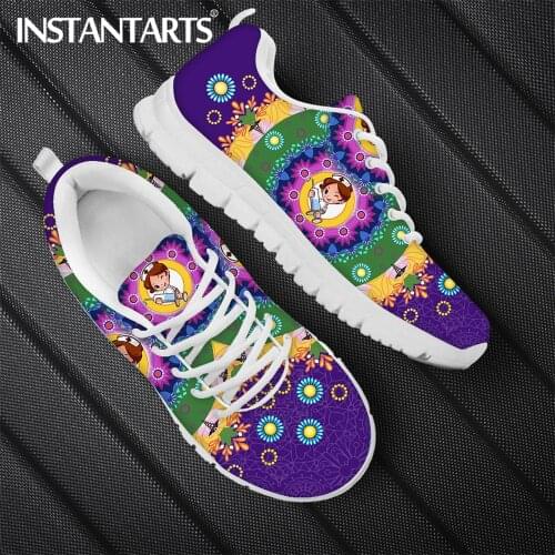 INSTANTARTS Mesh Nursing Medical Shoes Flats Footwear Premium Physio Cartoon Nurse Boho Floral Brand Design Lace Up Sneakers