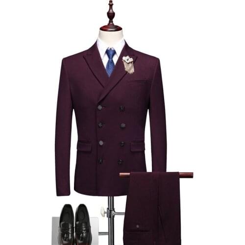 Mens suit костюм Burgundy double breasted mens suits high fashion traje hombre mens business casual suit wedding formal suit