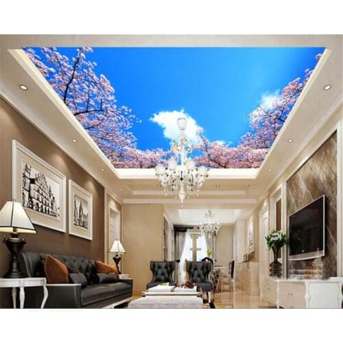 Beibehang Custom ceiling mural wallpaper blue sky white clouds cherry living room room ceiling roof 3D wallpaper papel de parede