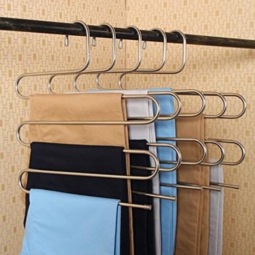 Stainless Steel Wardrobe Storage S Type Pants Trousers Hanger Multi Layers Clothing Towel Storage Rack Closet Space Saver