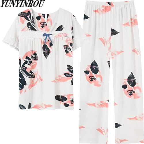 Summer Brand TR Modal Floral Print Womens Pajama Sets Elegant Nightwear Women Pyjamas Long Pants Sleepwear Plus Size 4XL Lounge